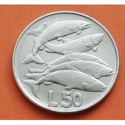 SAN MARINO 50 LIRAS 1975 SALMONES KM.45 MONEDA DE ACERO SC 50 Lire