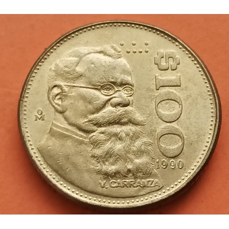 MEXICO 100 PESOS 1990 CARRANZA KM.493 MONEDA DE LATON EBC Mejico Mexiko coin