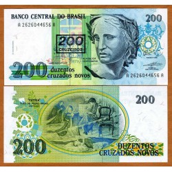 BRASIL 200 CRUZEIROS 1990 sobre 200 CRUZADOS NOVOS DAMA Pick 225B BILLETE SC Brazil 200 Cruceiros UNC BANKNOTE