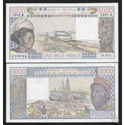 . BENIN 5000 FRANCOS 1992 NATIVA y BARCA Pick 208B BILLETE SC West African States UNC BANKNOTE