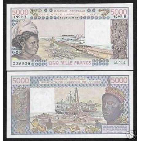 . BENIN 5000 FRANCOS 1992 NATIVA y BARCA Pick 208B BILLETE SC West African States UNC BANKNOTE