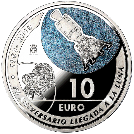 ESPAÑA 10 EUROS 2019 LLEGADA A LA LUNA NAVE APOLO 50 ANIVERSARIO MONEDA DE PLATA ESTUCHE CERTIFICADO FNMT