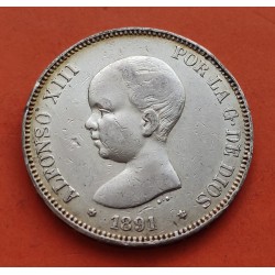 ESPAÑA 5 PESETAS 1891 * 18 91 PGM REY ALFONSO XIII KM.689 MONEDA DE PLATA (DURO) Spain silver R/1
