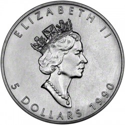 CANADA 5 DOLARES 1990 HOJA DE ARCE MONEDA DE PLATA PURA SC $5 Dollars Coin 1 ONZA OZ OUNCE MAPLE LEAF