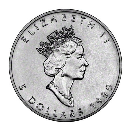 CANADA 5 DOLARES 1990 HOJA DE ARCE MONEDA DE PLATA PURA SC $5 Dollars Coin 1 ONZA OZ OUNCE MAPLE LEAF