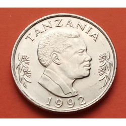 TANZANIA 1 SHILLINGI 1992 MANO CON ANTORCHA y PRESIDENTE KM.22 MONEDA DE NICKEL EBC