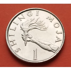TANZANIA 1 SHILLINGI 1992 MANO CON ANTORCHA y PRESIDENTE KM.22 MONEDA DE NICKEL EBC