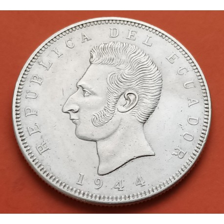 ECUADOR 5 SUCRES 1944 Ceca Mexico JOSE DE SUCRE y CONDOR EN ESCUDO KM.79 MONEDA DE PLATA MBC silver coin R/3