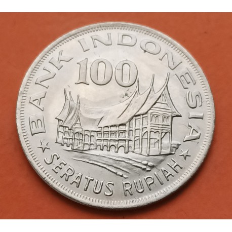 INDONESIA 100 RUPIAS 1978 MINANGBAKU HOUSE y ESCUDO KM.42 MONEDA DE NICKEL SC 100 Rupees