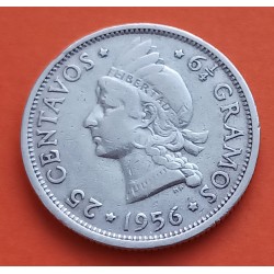 REPUBLICA DOMINICANA 25 CENTAVOS 1956 INDIO CON PLUMAS y ESCUDO KM.20 MONEDA DE PLATA MBC Dominican Republic silver coin