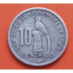 GUATEMALA 10 CENTAVOS 1924 AVE SOBRE PEDESTAL y ESCUDO KM 239 MONEDA DE PLATA MBC
