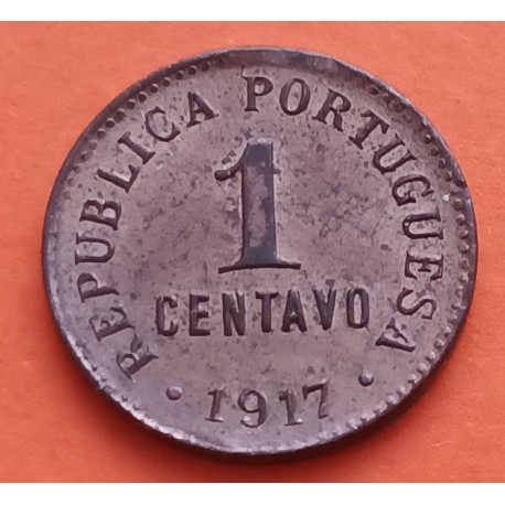PORTUGAL 1 CENTAVO 1917 ESCUDO y VALOR KM.565 MONEDA DE BRONCE EBC- República Portuguesa