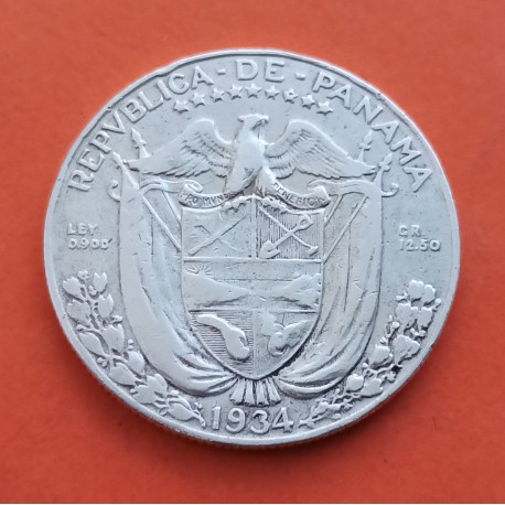 @ESCASA@ PANAMA 1/2 BALBOA 1934 BUSTO DE BALBOA KM.12.1 MONEDA DE PLATA MBC Medio Balboa 1932 SILVER COIN