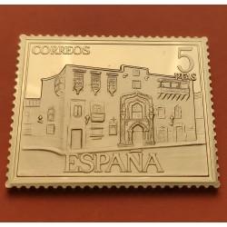 0,63 Onzas LINGOTE DE PLATA PURA y BAÑO DE ORO x ESPAÑA forma de sello 5 PESETAS ARCHIVO DE INDIAS en SEVILLA Año 1992