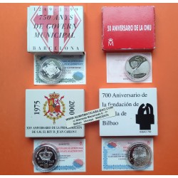 4 monedas x ESPAÑA 2000 PESETAS 1995 + 1999 + 2000 ONU - BARCELONA - PROCLAMACION - VILLA DE BILBAO PLATA ESTUCHE FNMT