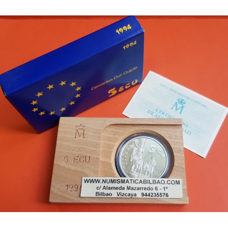 ESPAÑA 5 ECU 1994 DON QUIJOTE DE LA MANCHA y MIGUEL DE CERVANTES MONEDA DE PLATA PROOF ECUS 1 ONZA ESTUCHE FNMT 5 ECUS 1994