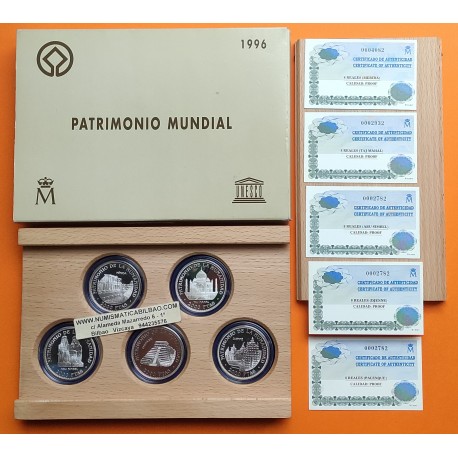 ESPAÑA 2000 PESETAS 1996 UNESCO 1ª Serie 5 MONEDAS DE PLATA ESTUCHE FNMT + CERTIFICADO + CÁPSULAS