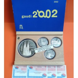 . 4 monedas x ESPAÑA 10 EUROS 2002 + 50 EUROS 2002 AÑO DE GAUDI PLATA ESTUCHE y CERTIFICADO FNMT