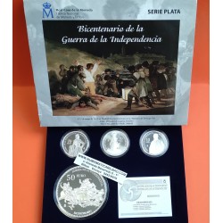 . 4 monedas x ESPAÑA 10 EUROS 2008 + 50 EUROS 2008 BICENTENARIO DE LA GUERRA DE INDEPENDENCIA PLATA ESTUCHE CERTIFICADO FNMT