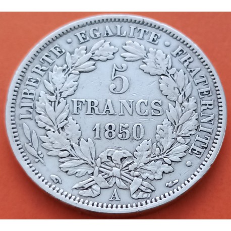@ESCASA@ FRANCIA 5 FRANCOS 1850 A Ceca de PARIS Era 2ª REPUBLICA CERES KM.761.1 MONEDA DE PLATA MBC France 5 Francs silver coin