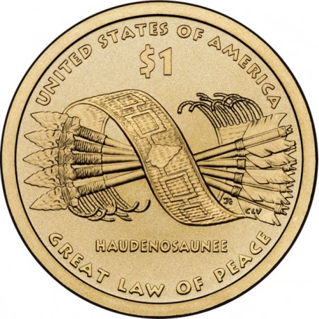 ESTADOS UNIDOS 1 DOLAR 2010 P INDIA SACAGAWEA y CINTURON DE FLECHAS HAUDENOSAUNEE MONEDA DE LATON SC USA $1 Dollar coin NATIVE
