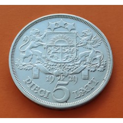 LETONIA 5 LATI 1929 DAMA y ESCUDO KM.9 MONEDA DE PLATA MBC+ Latvia Latvijas Republik silver coin R/1