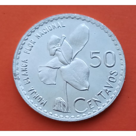 GUATEMALA 50 CENTAVOS 1963 FLOR NACIONAL MONJA BLANCA KM.264 MONEDA DE PLATA SC- 1/2 QUETZAL