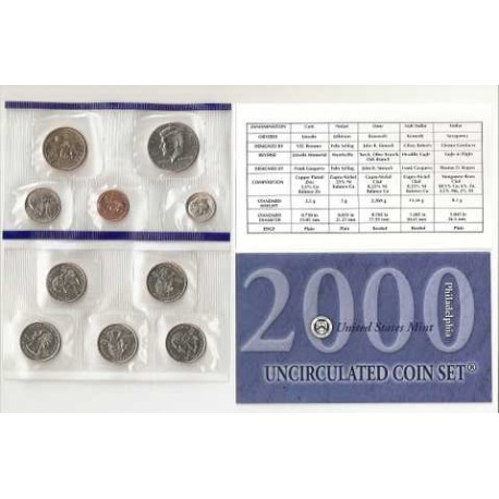 2000 UNITED STATES MINT UNCIRCULATED COIN SET Letra P 10 COINS ESTADOS UNIDOS 1+5+10 + 25 CENTAVOS x5 + 1/2 DOLAR + 1 DOLAR