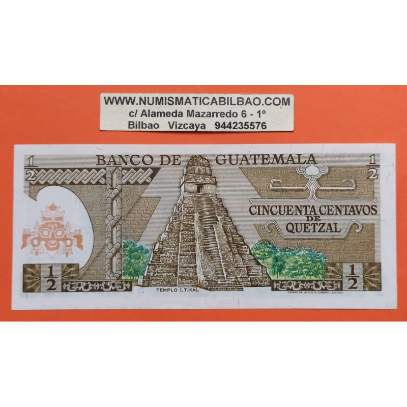 @RARO@ GUATEMALA 1/2 QUETZAL 1978 TECUN UMAN INDIO ATAVIADO Pick 58 BILLETE SC 0,50 Centavos UNC BANKNOTE