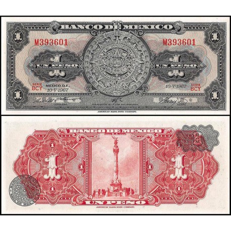 MEXICO 1 PESO 1967 CALENDARIO AZTECA y COLUMNA DE LA VICTORIA Serie BCY Pick 59J.1 BILLETE SC UNC BANKNOTE