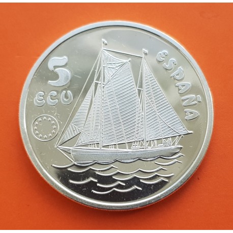 . 1 ONZA de PLATA PURA x ESPAÑA 5 ECU 1993 HOMENAJE A DON JUAN DE BORBON BARCO EL SALTILLO MONEDA PROOF FNMT 5 ECUS 1993 OZ
