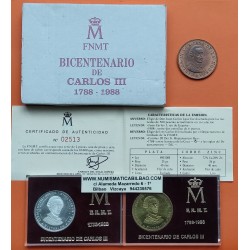 3 MEDALLAS FNMT x ESPAÑA 1988 BICENTENARIO DE CARLOS III Monedas PLATA LATON COBRE tipo 2000 Pesetas ESTUCHE FNMT CERTIFICADO