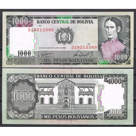 BOLIVIA 1000 PESOS BOLIVIANOS 1982 HEROINA JUANA AZURDUY Pick 167 BILLETE SC 1000 Bolivianos 1982 UNC BANKNOTE