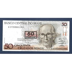 @OFERTA@ BRASIL 50 CRUZEIROS sobre 50 CRUZADOS NOVOS 1990 ESCRITOR Pick 223 Firma 27 BILLETE SC BRAZIL UNC BANKNOTE