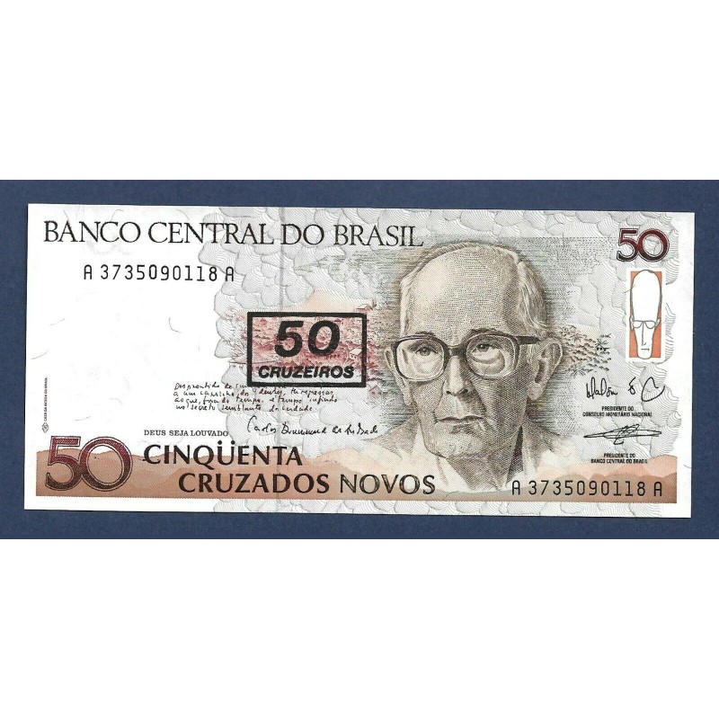 @OFERTA@ BRASIL 50 CRUZEIROS sobre 50 CRUZADOS NOVOS 1990 ESCRITOR Pick 223 Firma 27 BILLETE SC BRAZIL UNC BANKNOTE