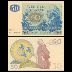 @PVP NUEVO 80€@ SUECIA 50 KRONOR 1984 REY GUSTAV III - SOL y PAJAROS Pick 53D BILLETE SC y DOBLEZ CENTRAL