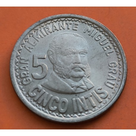 PERU 5 INTIS 1987 GRAN ALMIRANTE MIGUEL GRAU KM.300 MONEDA DE NICKEL SC-