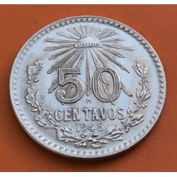 MEXICO 50 CENTAVOS 1945 AGUILA y VALOR KM.447 MONEDA DE PLATA EBC silver coin WWII R/2