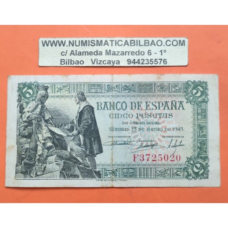 ESPAÑA 5 PESETAS 1945 CRISTOBAL COLON Serie F 3725020 Pick 129 BILLETE MBC- Spain banknote