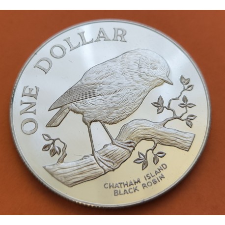 NUEVA ZELANDA 1 DOLAR 1984 PAJARO BLACK ROBIN CHATRAM ISLAND e ISABEL II KM.54A MONEDA DE PLATA PROOF New Zealand