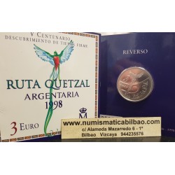 ESPAÑA 3 EUROS 1998 V CENTENARIO DEL DESCUBRIMIENTO DE TIERRA FIRME PLATA CARTERA OFICIAL FNMT RUTA QUETZAL