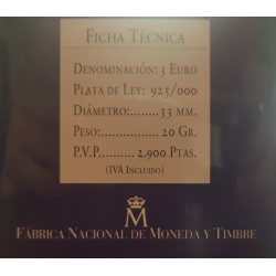ESPAÑA 3 EUROS 1998 V CENTENARIO DEL DESCUBRIMIENTO DE TIERRA FIRME PLATA CARTERA OFICIAL FNMT