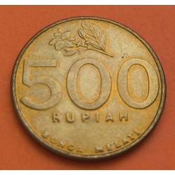 INDONESIA 500 RUPIAS 1997 AVE y ESCUDO NACIONAL KM.59 MONEDA DE LATÓN SC-