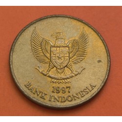 INDONESIA 500 RUPIAS 1997 AVE y ESCUDO NACIONAL KM.59 MONEDA DE LATÓN SC-