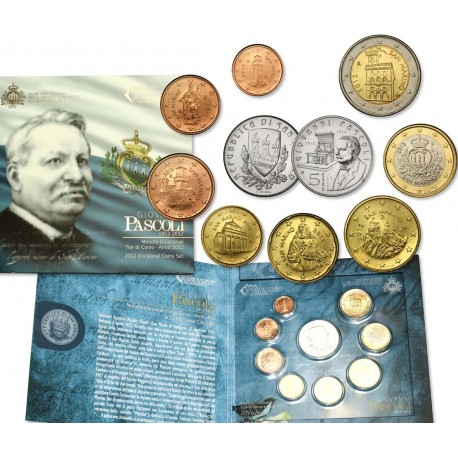 SAN MARINO CARTERA OFICIAL EUROS 2012 SC 1+2+5+10+20+50 Cts. + 1€ + 2 EUROS 2012 + 5 EUROS 2012 PLATA PASCOLI SC UNC 9 monedas