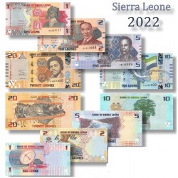 . 5 billetes x SIERRA LEONA 1 + 2 + 5 + 10 + 20 LEONES 2022 ANIMALES y PERSONAJES Pick NEW SC Sierra Leone UNC BANKNOTE