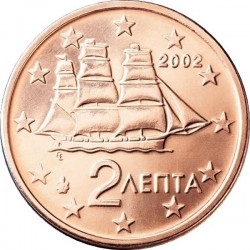 GRECIA 2 CENTIMOS 2002 BARCO ANTIGUO KM.182 MONEDA DE COBRE SC Greece 2 Cts Euro coin