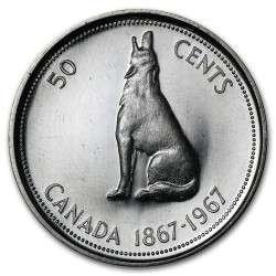 CANADA 50 CENTAVOS 1967 1867 PERRO Reina ISABEL II 100 ANIVERSARIO KM.69 MONEDA DE PLATA @LUJO@ Half Dollar silver 50 Cents