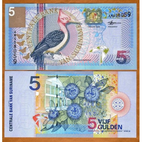 SURINAME 5 GULDEN 2000 PAJARO y FLORES Pick 146 BILLETE SC Surinam UNC BANKNOTE