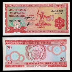 BURUNDI 20 FRANCOS 1997 ABORIGEN BAILANDO Pick 27D BILLETE SC 20 Francs Amafaranga UNC BANKNOTE